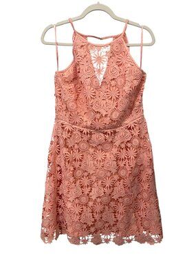 White House Black Market Floral Lace Halter Mini Dress Womens 12 Peach Boho Chic